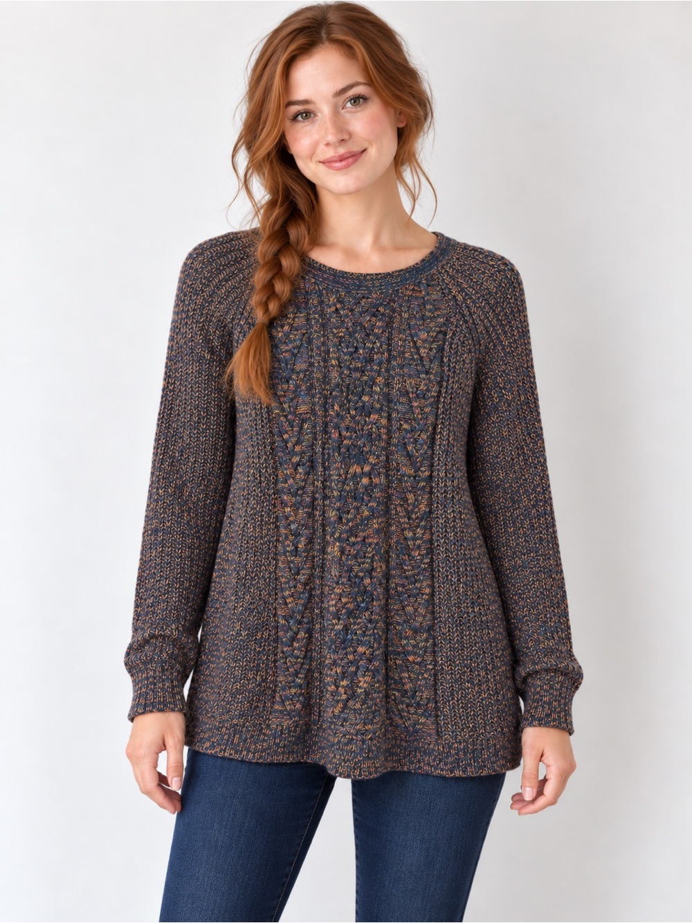 Dark Multicolor Marled Cable Knit Raglan Sweater XL Vintage Y2K